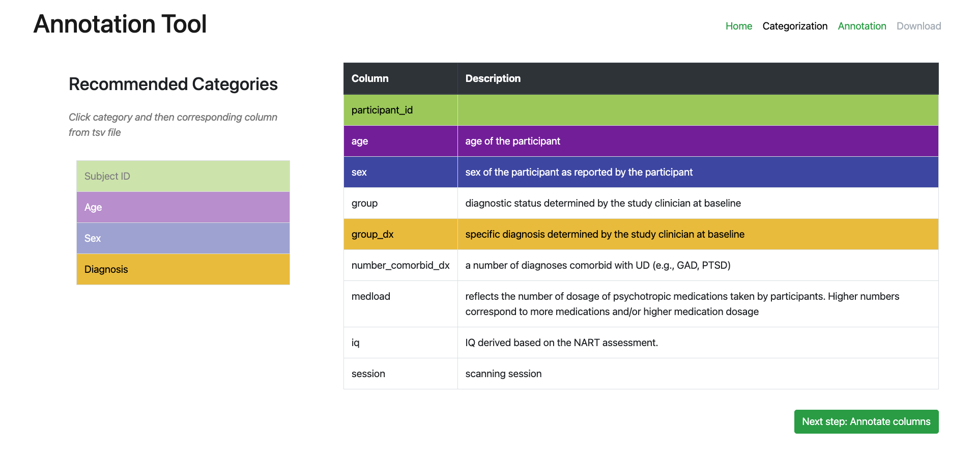 Home page with uploaded table and dictionary files